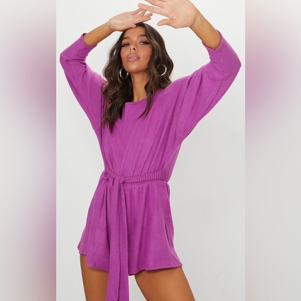 Pretty Little Thing Violet Brushed Rib Oversized Tie Waist Romper Size 6 Stretch